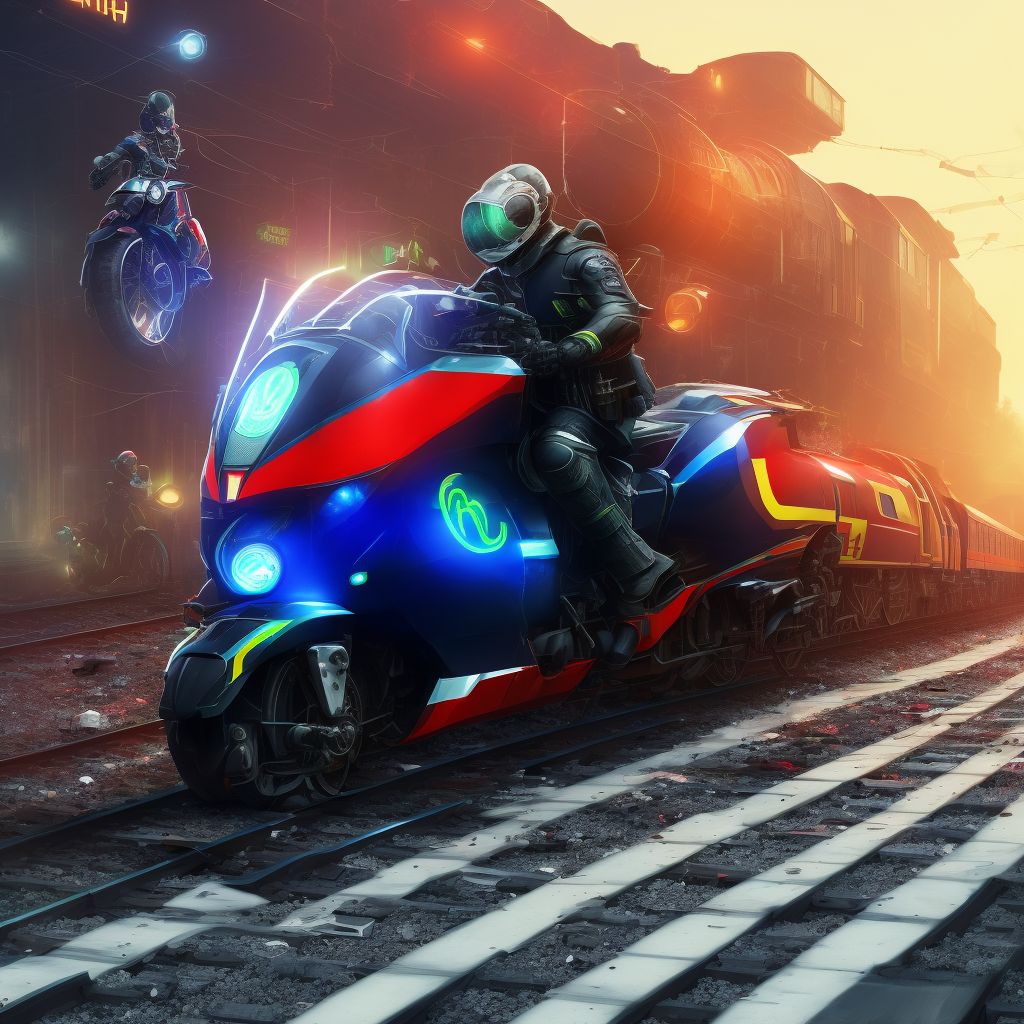 Unspecified rider of other motorcycle injured in collision with railway train or railway vehicle in traffic accident, sequela digital illustration