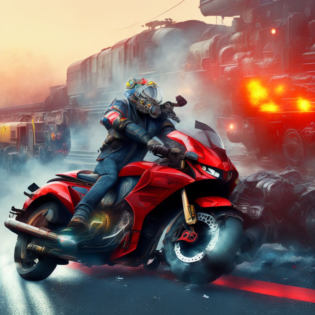 Unspecified motorcycle rider injured in collision with railway train or railway vehicle in traffic accident, subsequent encounter digital illustration