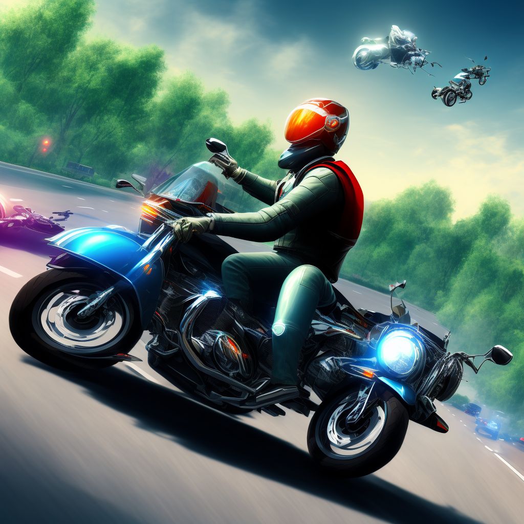 Motorcycle passenger injured in collision with other nonmotor vehicle in traffic accident, subsequent encounter digital illustration