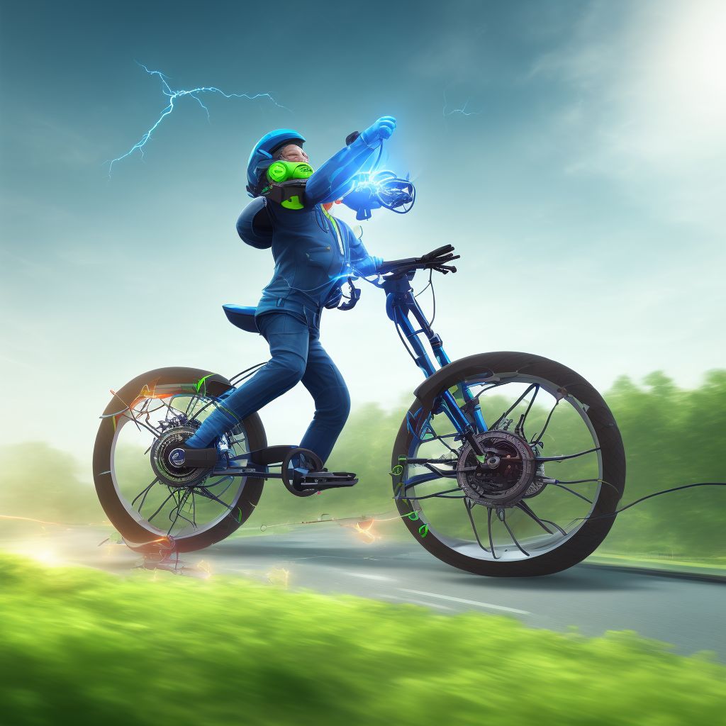 Electric (assisted) bicycle driver injured in collision with fixed or stationary object in nontraffic accident, sequela digital illustration