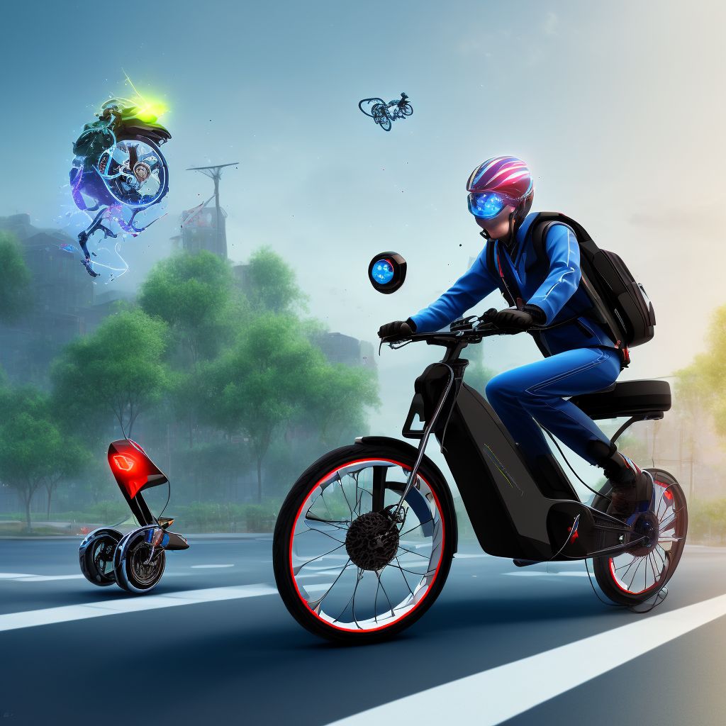 Unspecified electric (assisted) bicycle rider injured in collision with fixed or stationary object in nontraffic accident, initial encounter digital illustration