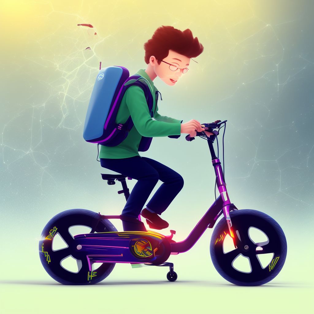 Person boarding or alighting an electric (assisted) bicycle injured in collision with fixed or stationary object, initial encounter digital illustration