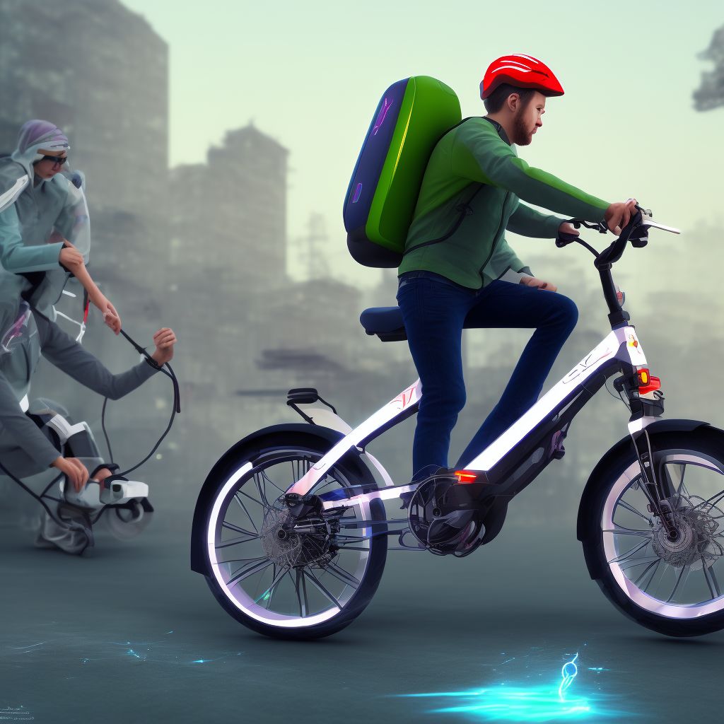 Person boarding or alighting an electric (assisted) bicycle injured in collision with fixed or stationary object, sequela digital illustration