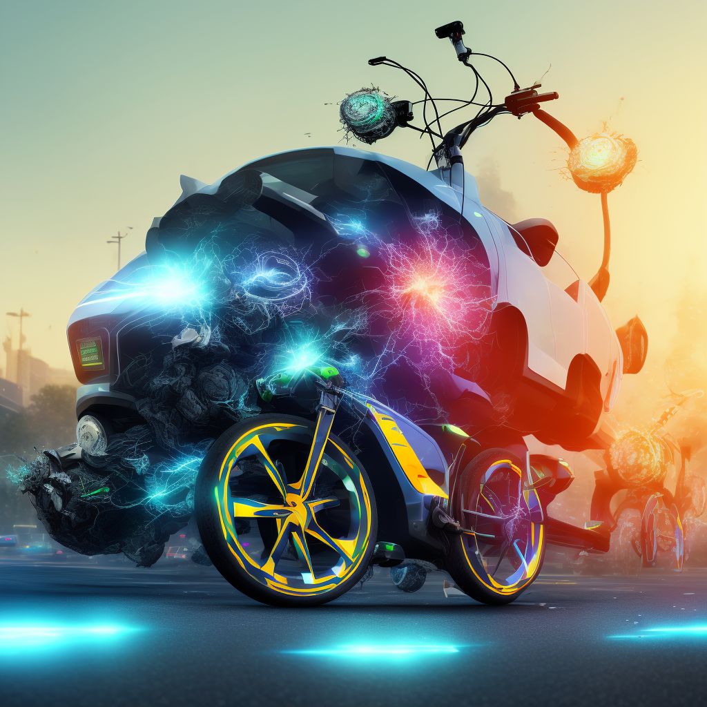 Electric (assisted) bicycle driver injured in collision with fixed or stationary object in traffic accident, subsequent encounter digital illustration