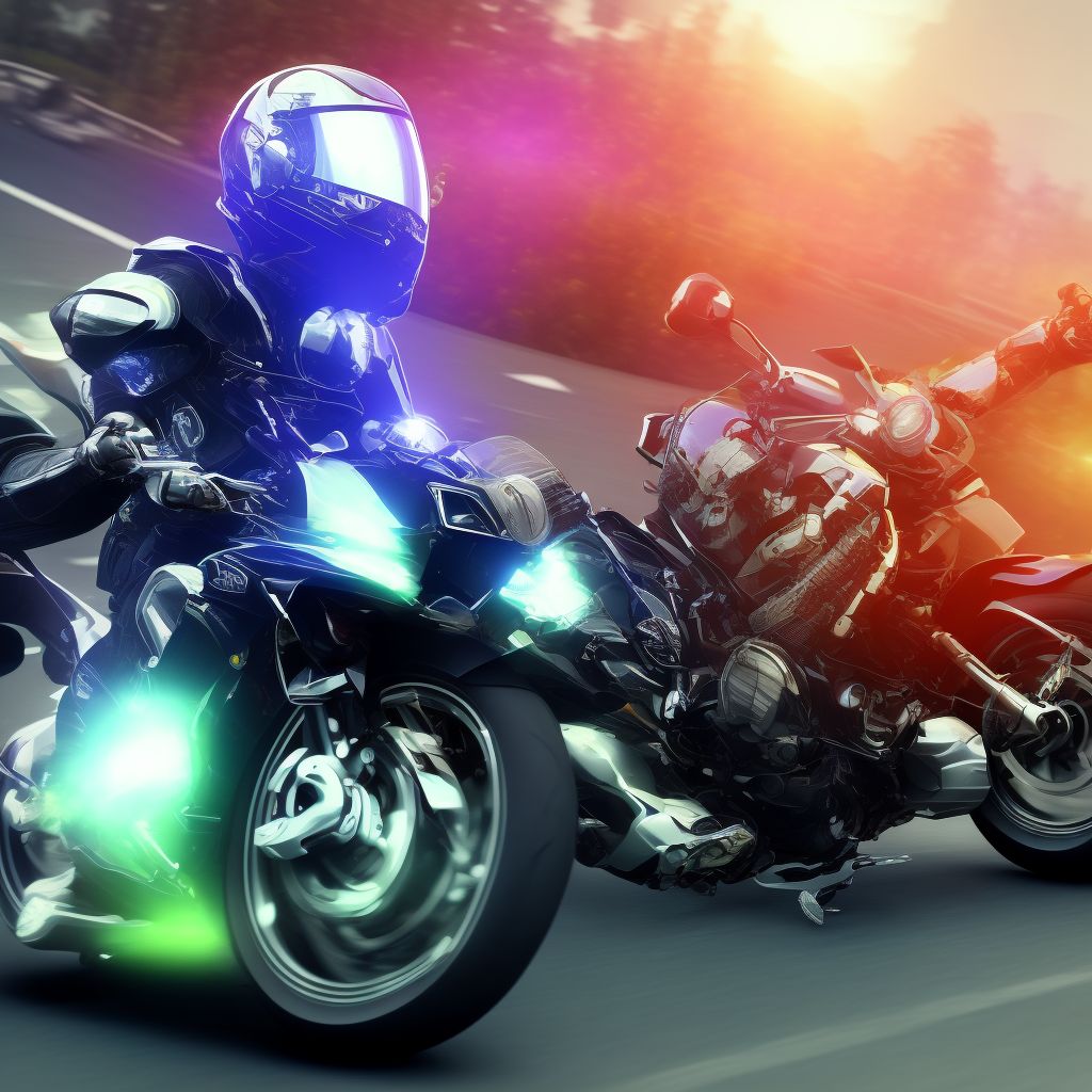 Other motorcycle driver injured in collision with fixed or stationary object in traffic accident, subsequent encounter digital illustration