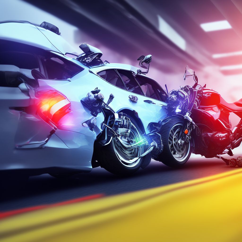 Motorcycle driver injured in collision with fixed or stationary object in traffic accident, initial encounter digital illustration