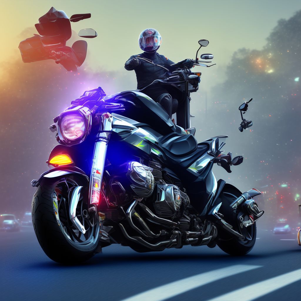 Motorcycle driver injured in collision with fixed or stationary object in traffic accident, subsequent encounter digital illustration