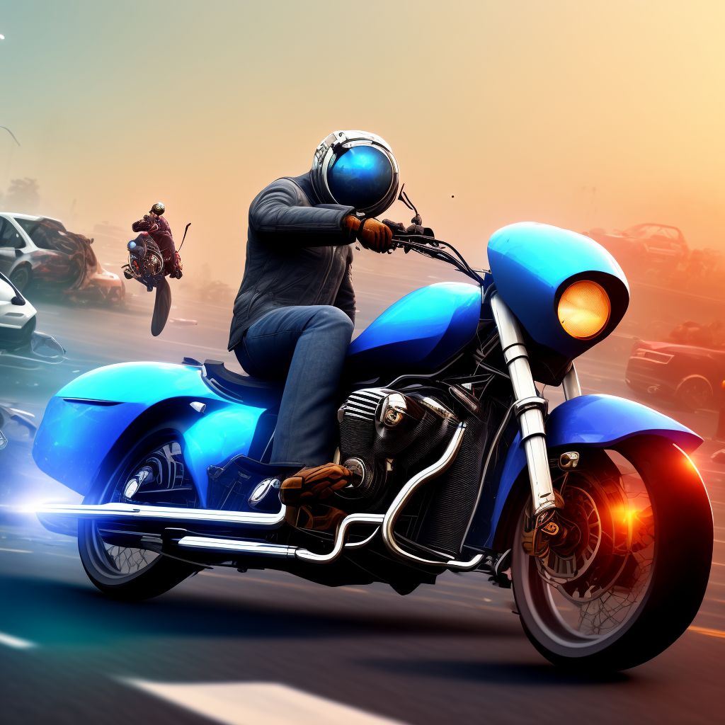 Motorcycle driver injured in collision with fixed or stationary object in traffic accident, sequela digital illustration