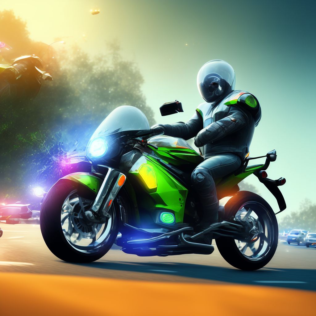 Other motorcycle passenger injured in collision with fixed or stationary object in traffic accident, initial encounter digital illustration