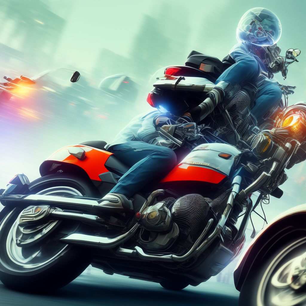 Motorcycle passenger injured in collision with fixed or stationary object in traffic accident, subsequent encounter digital illustration