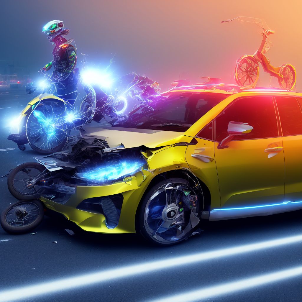 Unspecified electric (assisted) bicycle rider injured in collision with fixed or stationary object in traffic accident, subsequent encounter digital illustration