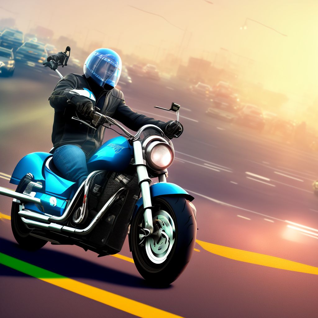 Unspecified motorcycle rider injured in collision with fixed or stationary object in traffic accident, sequela digital illustration