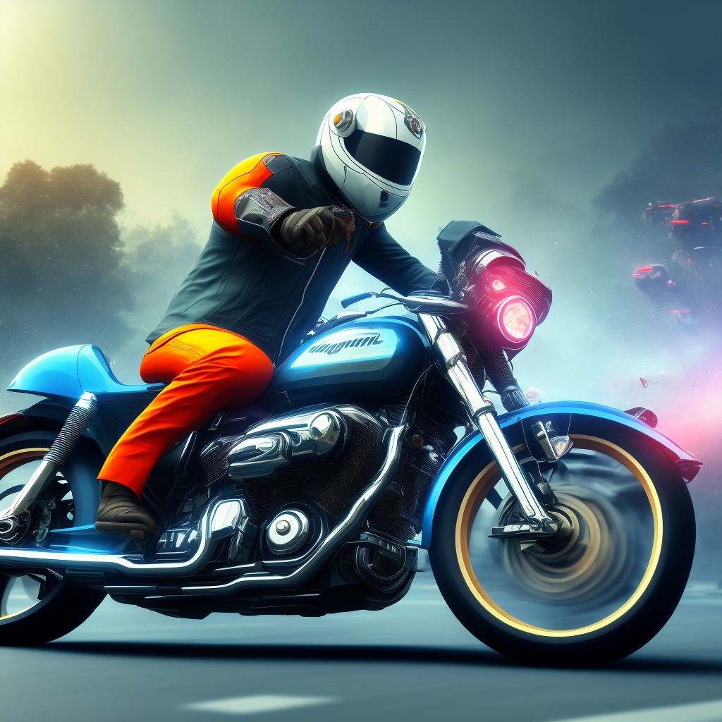 Motorcycle driver injured in collision with unspecified motor vehicles in nontraffic accident, initial encounter digital illustration