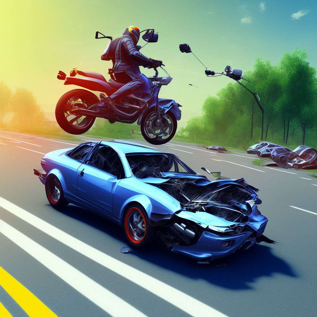 Motorcycle driver injured in collision with other motor vehicles in nontraffic accident, subsequent encounter digital illustration