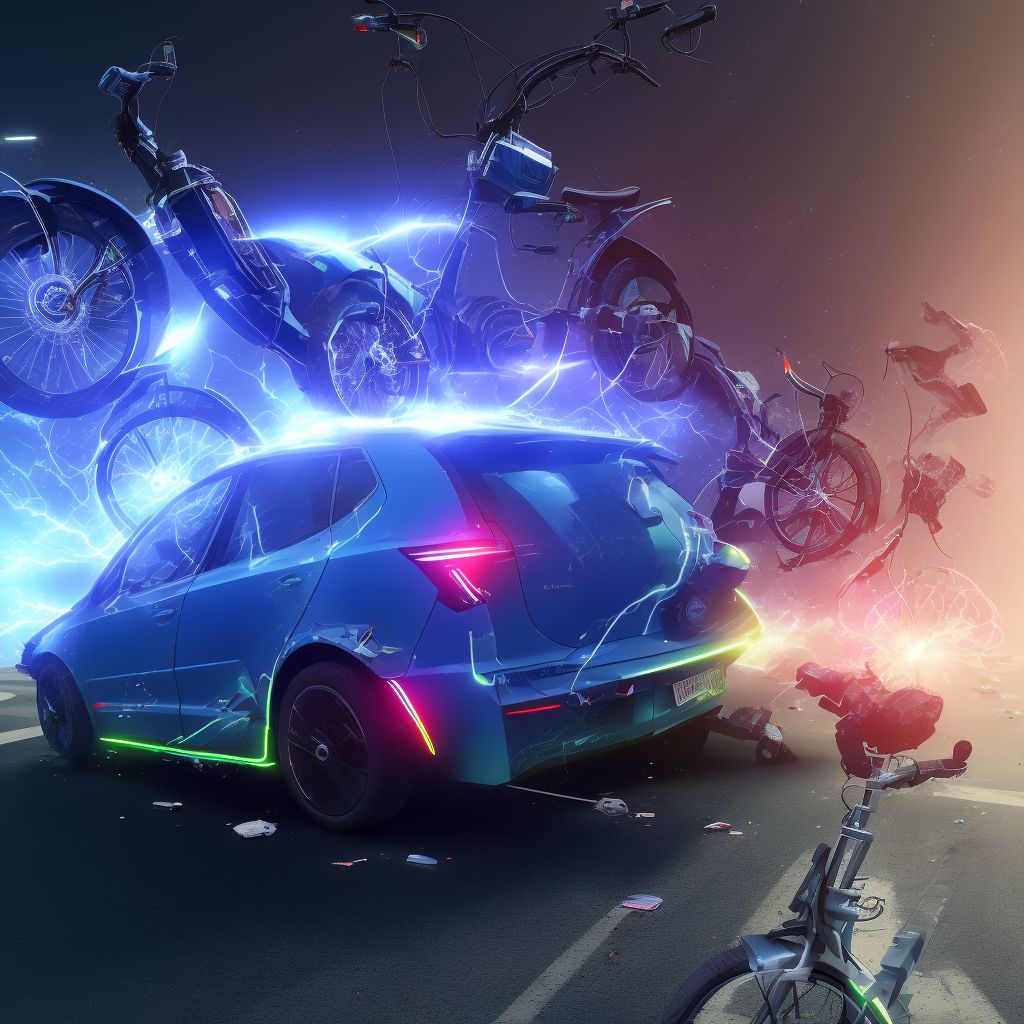 Electric (assisted) bicycle passenger injured in collision with other motor vehicles in nontraffic accident, initial encounter digital illustration