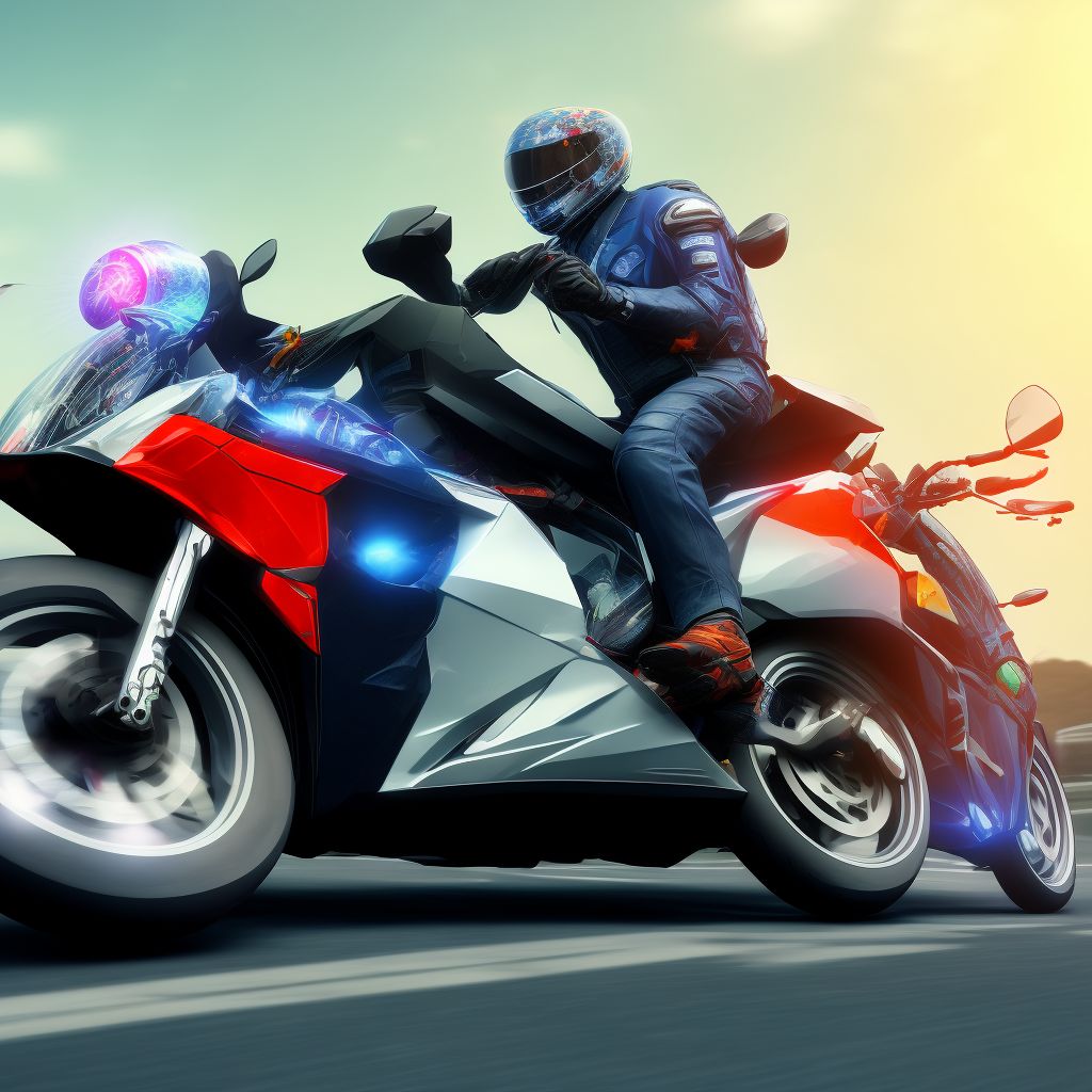 Motorcycle passenger injured in collision with other motor vehicles in nontraffic accident, initial encounter digital illustration