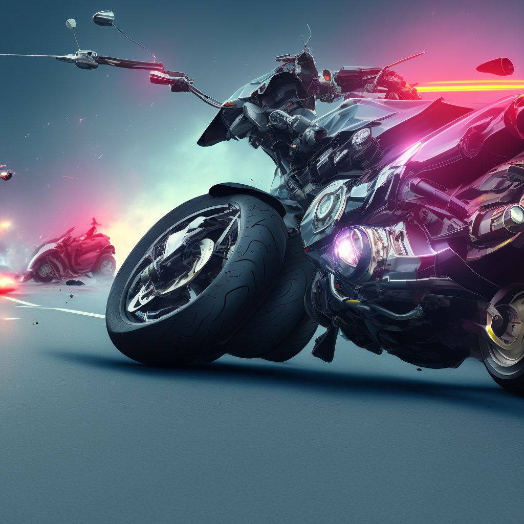 Motorcycle passenger injured in collision with other motor vehicles in nontraffic accident, subsequent encounter digital illustration