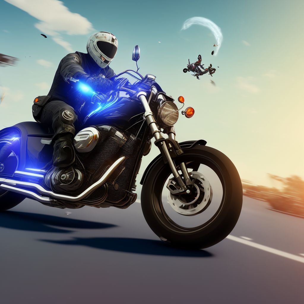 Unspecified motorcycle rider injured in collision with unspecified motor vehicles in nontraffic accident, subsequent encounter digital illustration