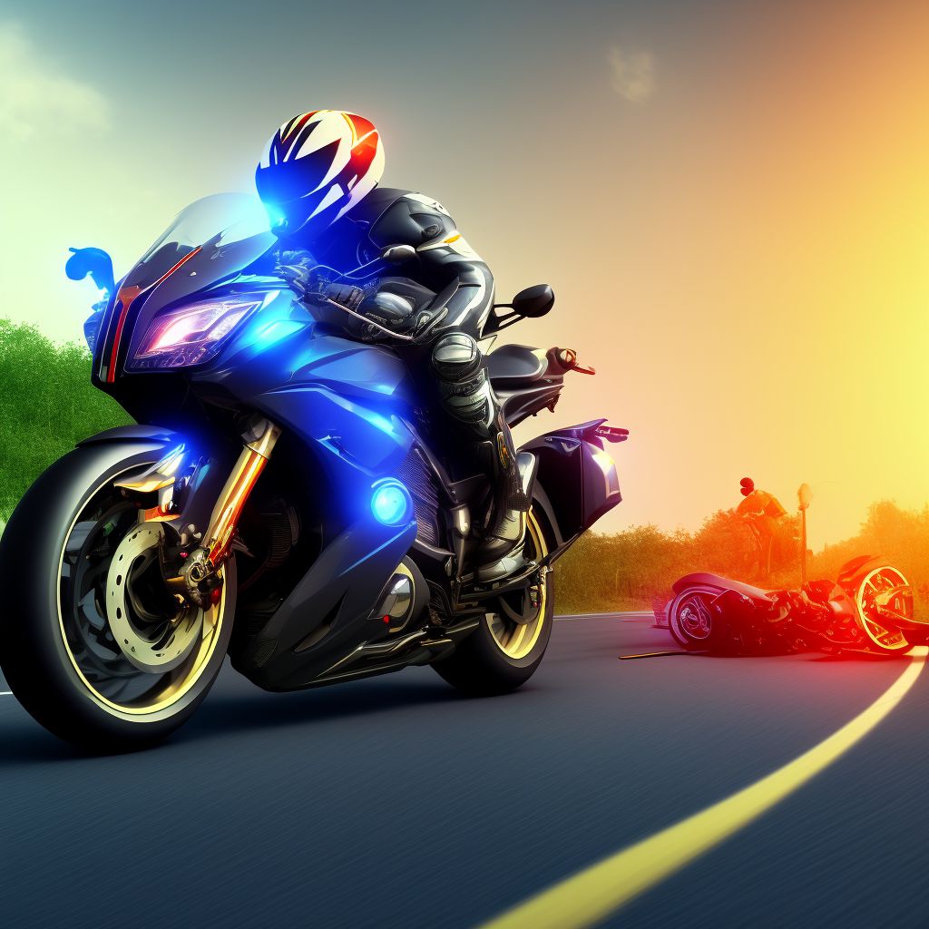 Other motorcycle driver injured in collision with unspecified motor vehicles in traffic accident, subsequent encounter digital illustration