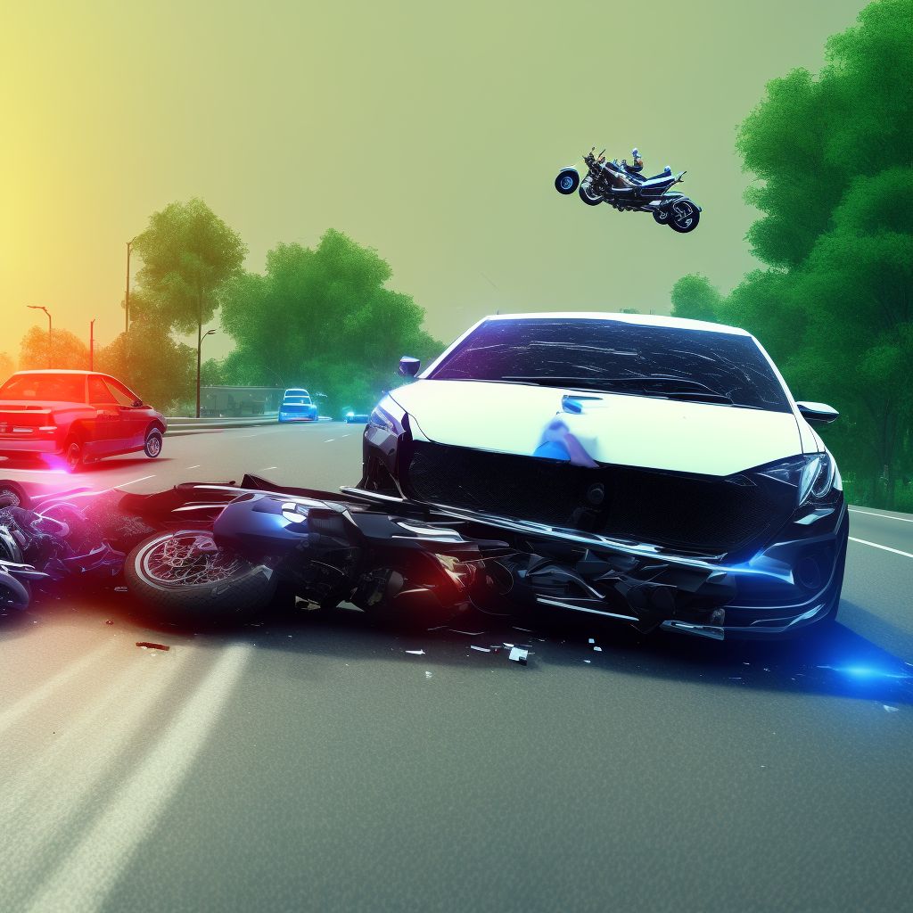 Motorcycle driver injured in collision with unspecified motor vehicles in traffic accident, initial encounter digital illustration