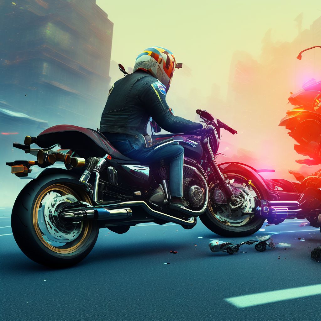 Motorcycle driver injured in collision with unspecified motor vehicles in traffic accident, subsequent encounter digital illustration