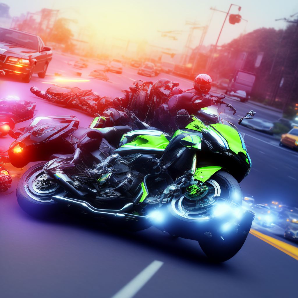 Motorcycle driver injured in collision with other motor vehicles in traffic accident, initial encounter digital illustration