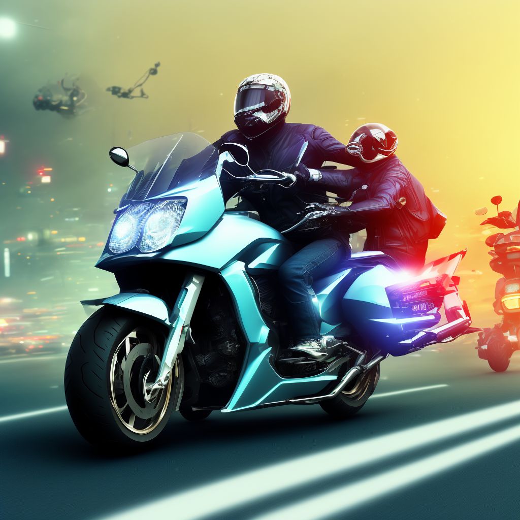 Other motorcycle passenger injured in collision with unspecified motor vehicles in traffic accident, subsequent encounter digital illustration