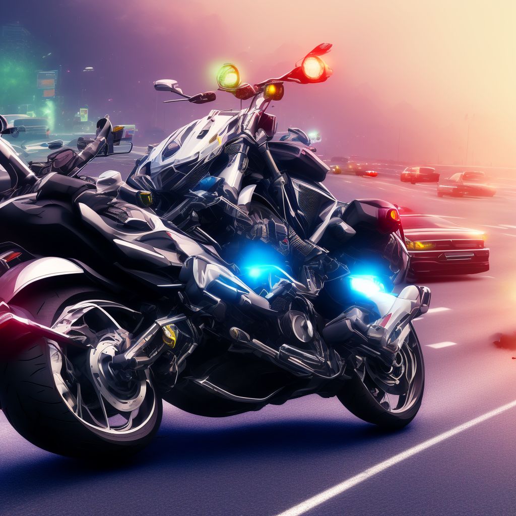 Motorcycle passenger injured in collision with unspecified motor vehicles in traffic accident, initial encounter digital illustration