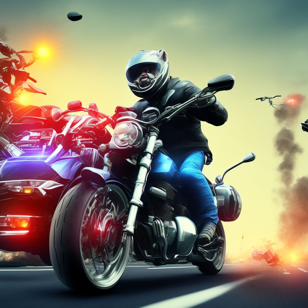 Other motorcycle passenger injured in collision with other motor vehicles in traffic accident, initial encounter digital illustration