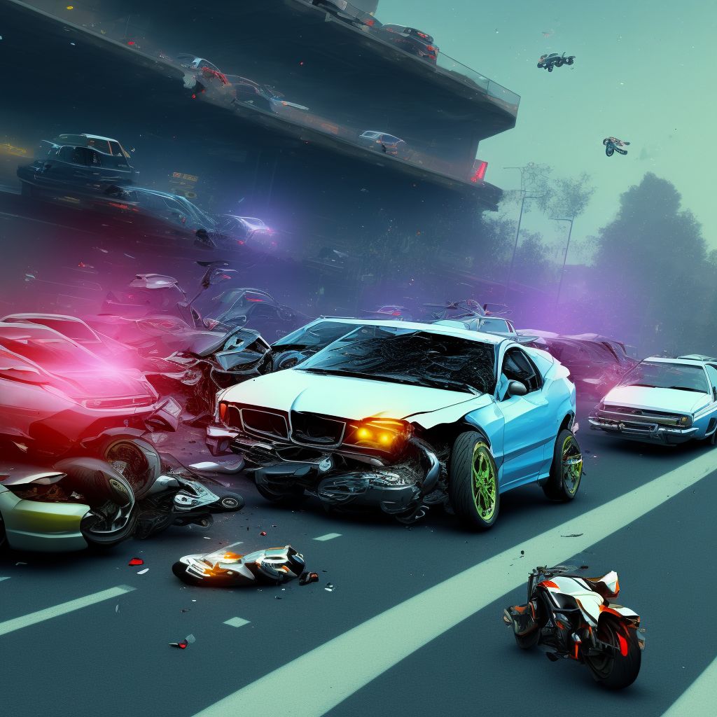 Other motorcycle passenger injured in collision with other motor vehicles in traffic accident, subsequent encounter digital illustration