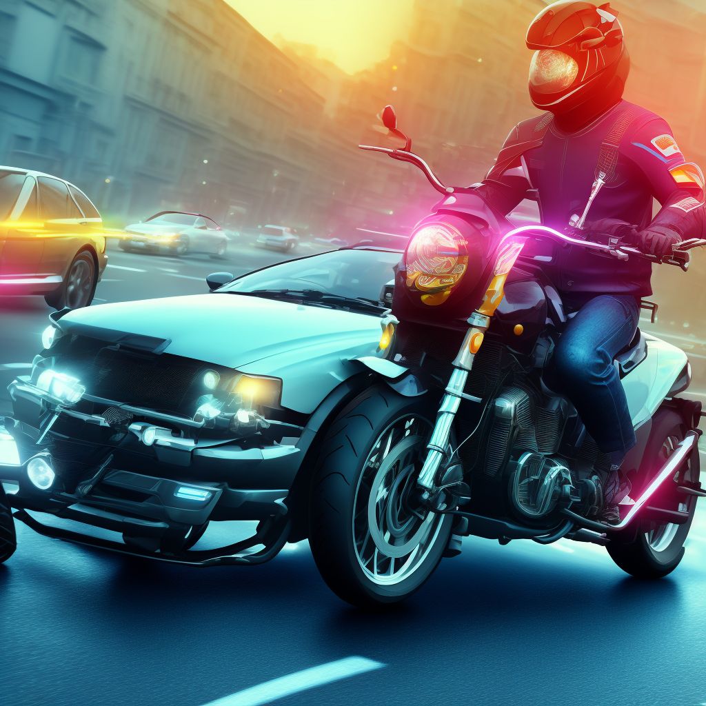 Motorcycle passenger injured in collision with other motor vehicles in traffic accident, initial encounter digital illustration