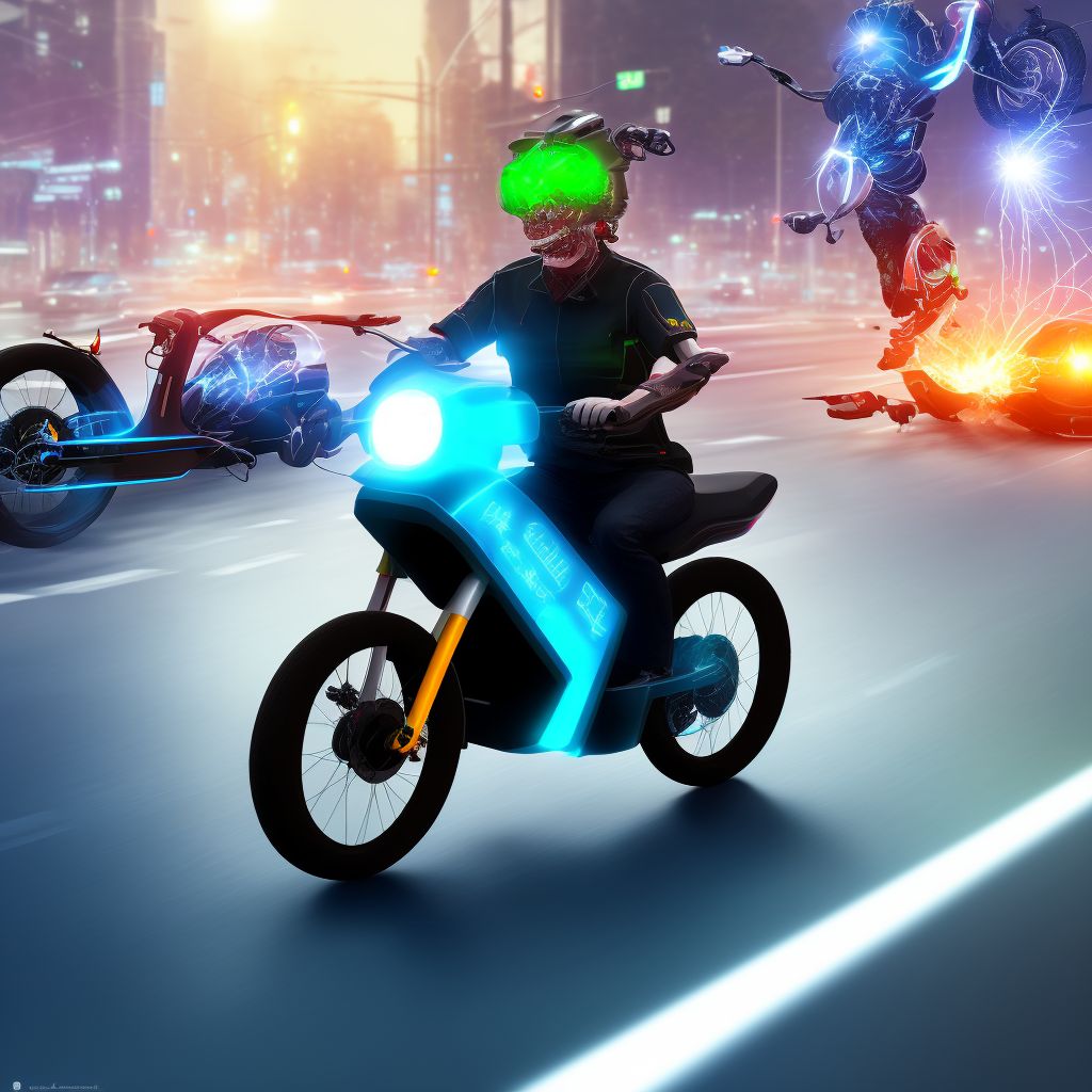 Unspecified electric (assisted) bicycle rider injured in collision with unspecified motor vehicles in traffic accident, initial encounter digital illustration