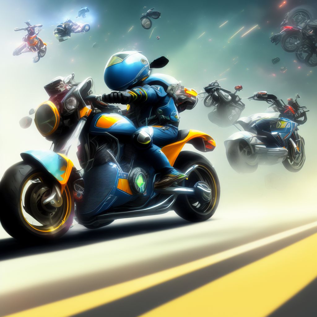 Unspecified rider of other motorcycle injured in collision with unspecified motor vehicles in traffic accident, subsequent encounter digital illustration