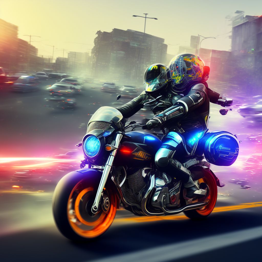 Unspecified motorcycle rider injured in collision with unspecified motor vehicles in traffic accident, subsequent encounter digital illustration