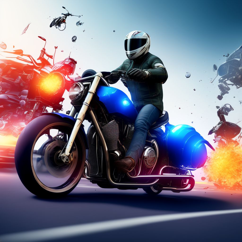 Unspecified motorcycle rider injured in collision with unspecified motor vehicles in traffic accident, sequela digital illustration