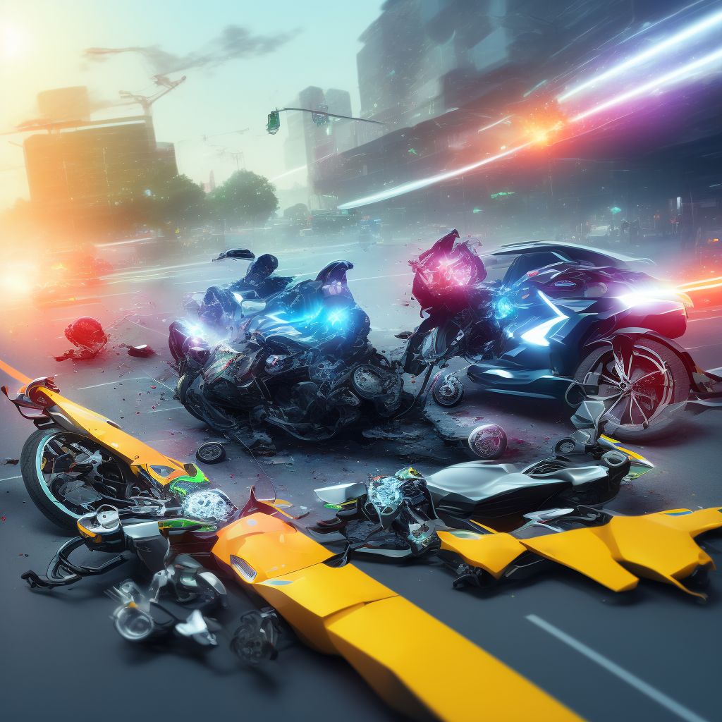 Unspecified electric (assisted) bicycle rider injured in collision with other motor vehicles in traffic accident, subsequent encounter digital illustration