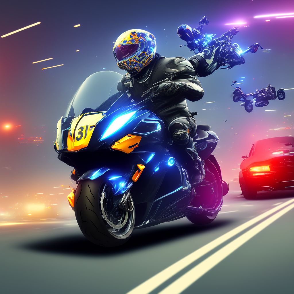 Unspecified motorcycle rider injured in collision with other motor vehicles in traffic accident, subsequent encounter digital illustration