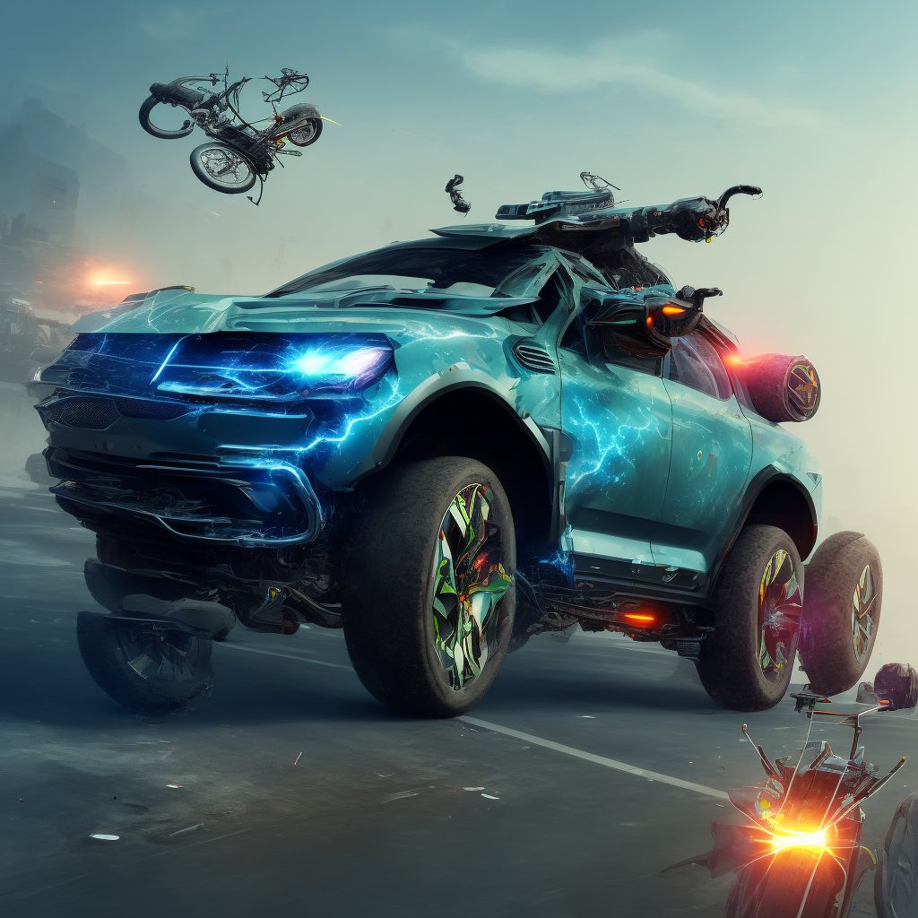 Electric (assisted) bicycle rider (driver) (passenger) injured in transport accident with military vehicle, initial encounter digital illustration