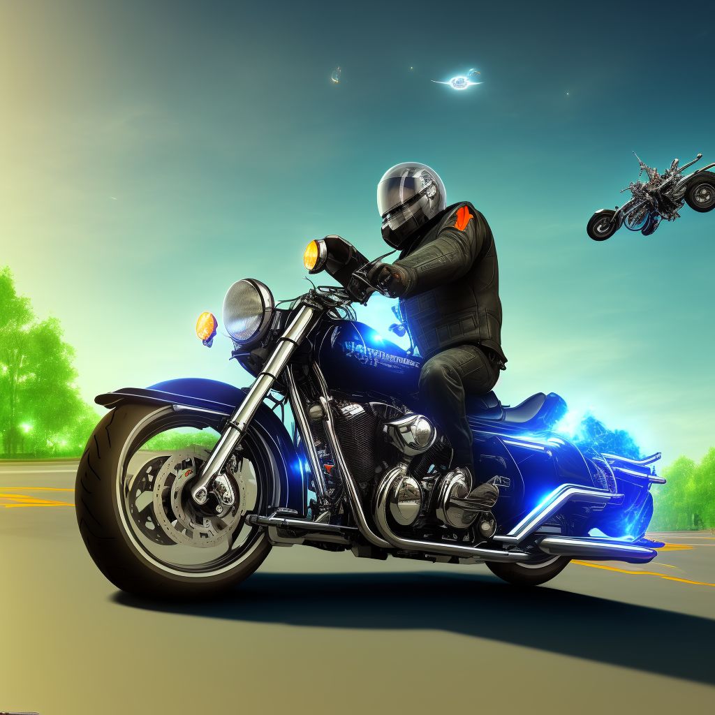 Motorcycle rider (driver) (passenger) injured in transport accident with military vehicle, initial encounter digital illustration