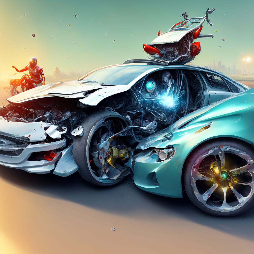 Passenger in three-wheeled motor vehicle injured in collision with pedal cycle in nontraffic accident, subsequent encounter digital illustration