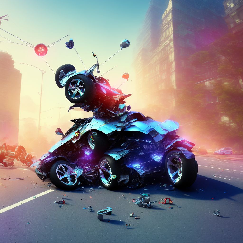 Person on outside of three-wheeled motor vehicle injured in collision with pedal cycle in traffic accident, subsequent encounter digital illustration