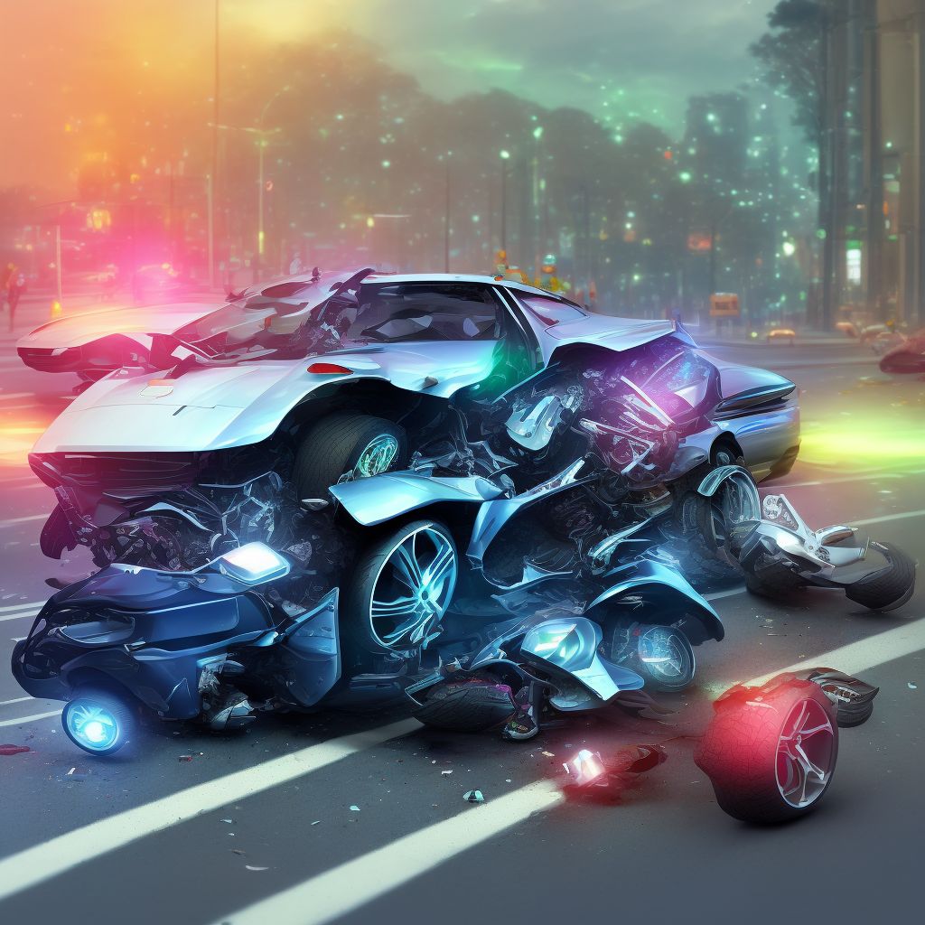 Unspecified occupant of three-wheeled motor vehicle injured in collision with pedal cycle in traffic accident, initial encounter digital illustration