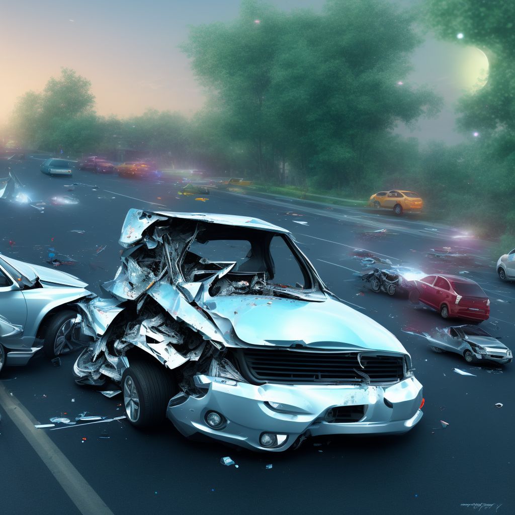 Passenger in three-wheeled motor vehicle injured in collision with car, pick-up truck or van in nontraffic accident, subsequent encounter digital illustration