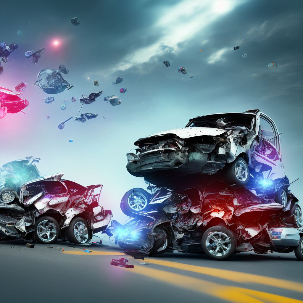 Driver of three-wheeled motor vehicle injured in collision with car, pick-up truck or van in traffic accident, subsequent encounter digital illustration