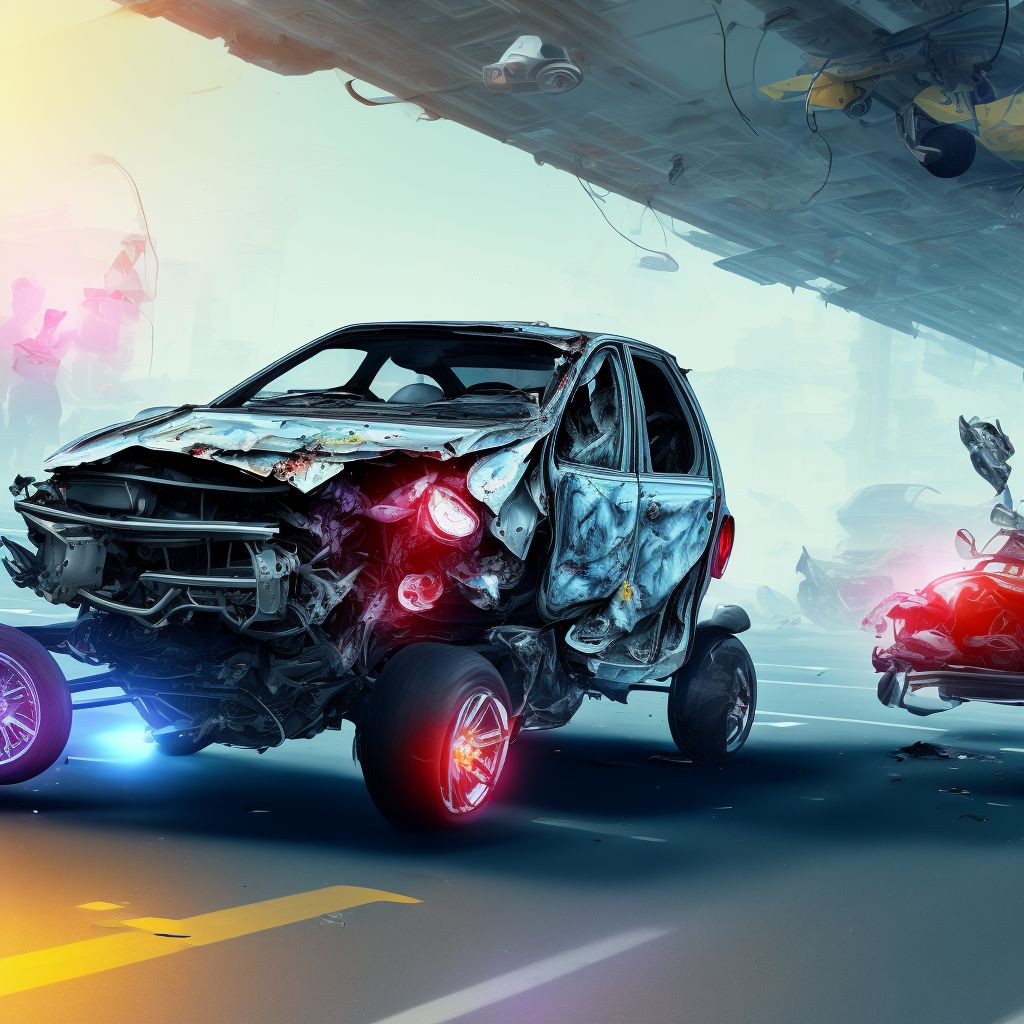 Passenger in three-wheeled motor vehicle injured in collision with car, pick-up truck or van in traffic accident, subsequent encounter digital illustration