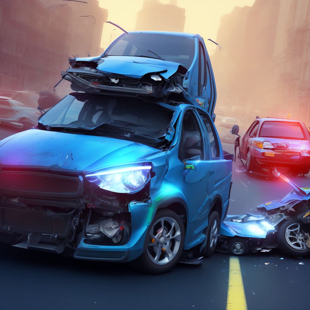 Person on outside of three-wheeled motor vehicle injured in collision with car, pick-up truck or van in traffic accident, subsequent encounter digital illustration