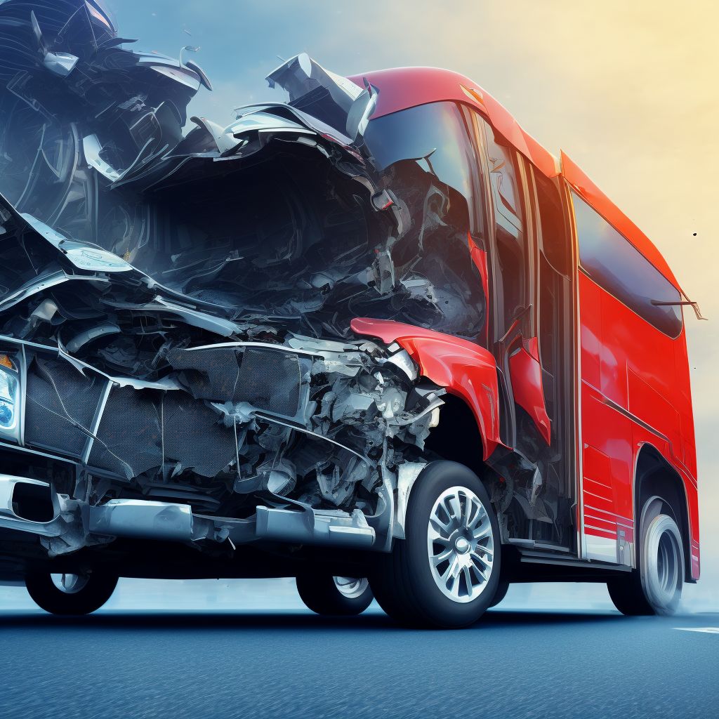 Driver of three-wheeled motor vehicle injured in collision with heavy transport vehicle or bus in nontraffic accident, subsequent encounter digital illustration