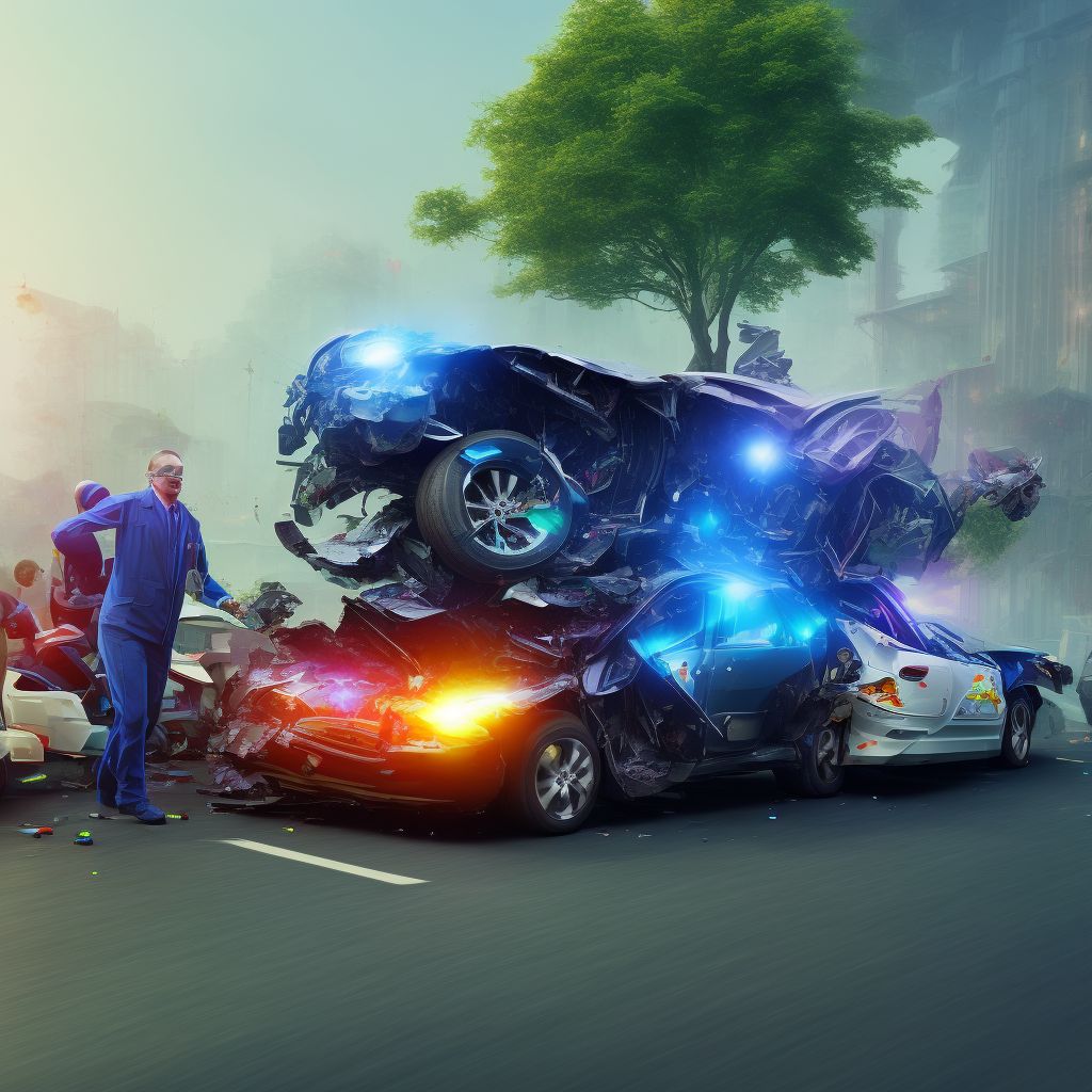 Person on outside of three-wheeled motor vehicle injured in collision with heavy transport vehicle or bus in nontraffic accident, initial encounter digital illustration