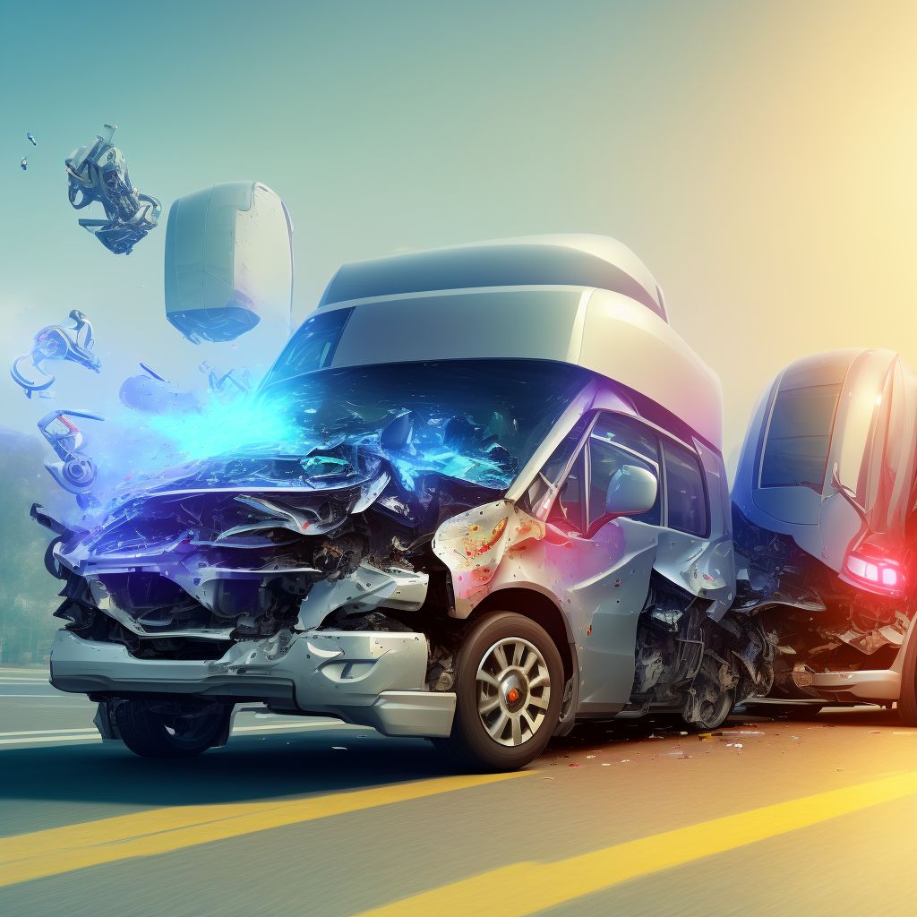 Person on outside of three-wheeled motor vehicle injured in collision with heavy transport vehicle or bus in nontraffic accident, subsequent encounter digital illustration