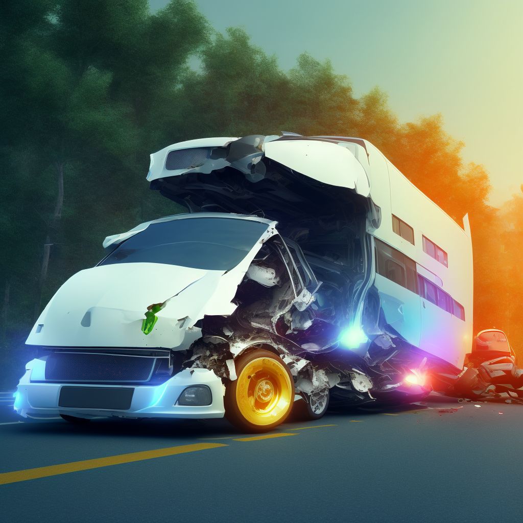 Unspecified occupant of three-wheeled motor vehicle injured in collision with heavy transport vehicle or bus in nontraffic accident, sequela digital illustration